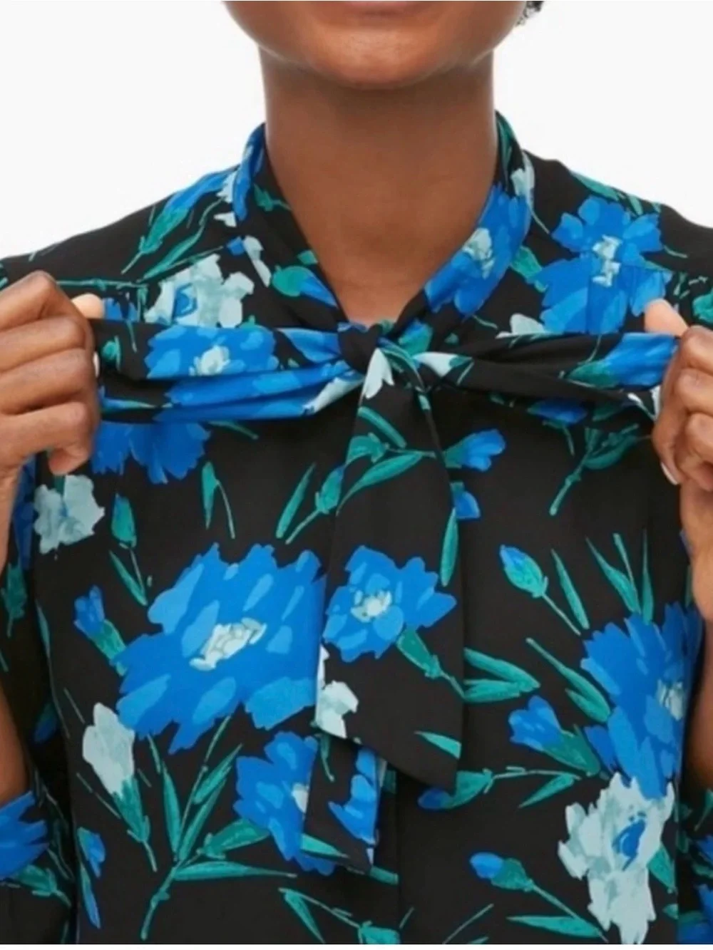 Women's Blue Floral Tie-Neck Blouse